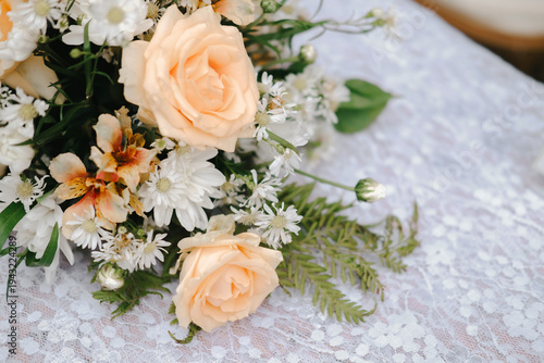 Elegant Wedding Bouquet with Peach Roses and White Flowers