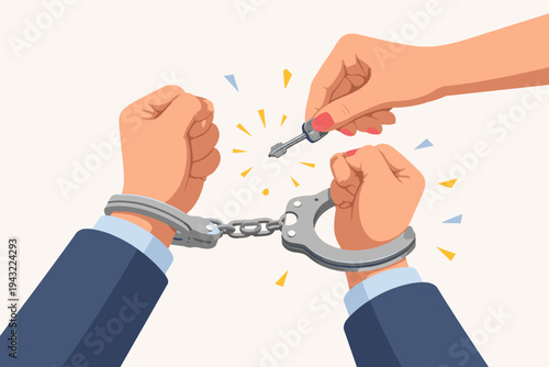 Flat Vector Illustration of a Woman's Hand Using a Key to Unlock Handcuffs on a Businessman's Wrists, Representing Freedom, Legal Assistance, Bail, Release, or Breaking Free from Constraints.