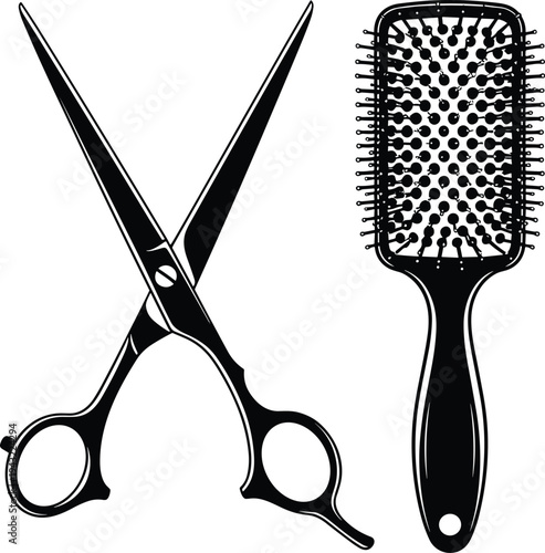 Silhouette illustration of hair cutting scissors and paddle hairbrush, symbolizing hairstyling tools, grooming essentials, salon equipment, beauty care, precision cutting, and professional hairdressin