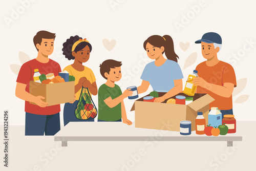 Diverse group of volunteers donating food to a charity food bank. People packing boxes with canned goods and fresh produce for community support and social welfare flat vector illustration.