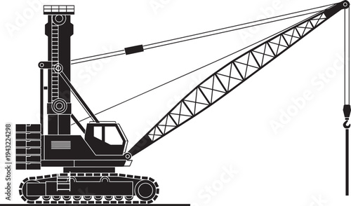Crawler Mounted Crane Pile Driver, Hydraulic Crawler Crane with Long Boom and Hook, Foundation Construction Equipment, Heavy Machinery Vector Illustration, Black Silhouette