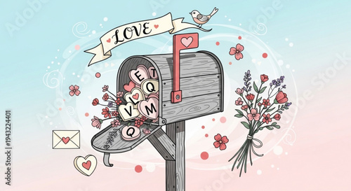 Wooden mailbox overflowing with love letters and flowers on pastel background