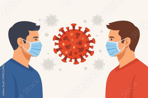 Two Men Wearing Medical Face Masks Looking at Each Other with a Large Red Coronavirus Molecule Between Them, Representing Social Distancing, Virus Protection, and COVID-19 Pandemic Safety Measures