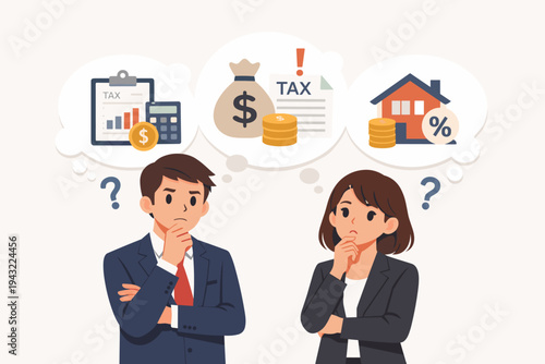 Young Business Couple Thinking About Financial Planning, Taxes, and Mortgage. Flat Vector Illustration of Man and Woman with Thought Bubbles Showing Money, Tax Forms, and Real Estate Icons.