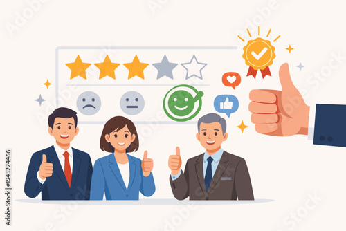 Business People Giving Thumbs Up for Excellent Service Evaluation and Positive Customer Feedback Rating with Stars, Emoticons, and Gold Medal Seal in a Flat Vector Illustration Concept.