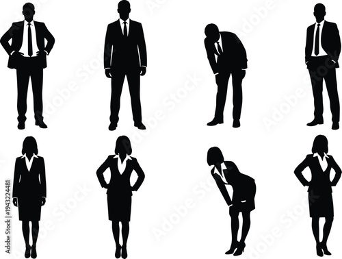 Silhouette illustration of male and female business professionals in formal attire with varied stances, symbolizing workplace behavior, corporate culture, contemplation, fatigue, teamwork, and profess