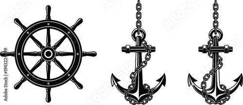Silhouette illustration of ship steering wheel and anchors with chains, symbolizing navigation, stability, maritime tradition, nautical design, sailing, sea travel, and ocean exploration.