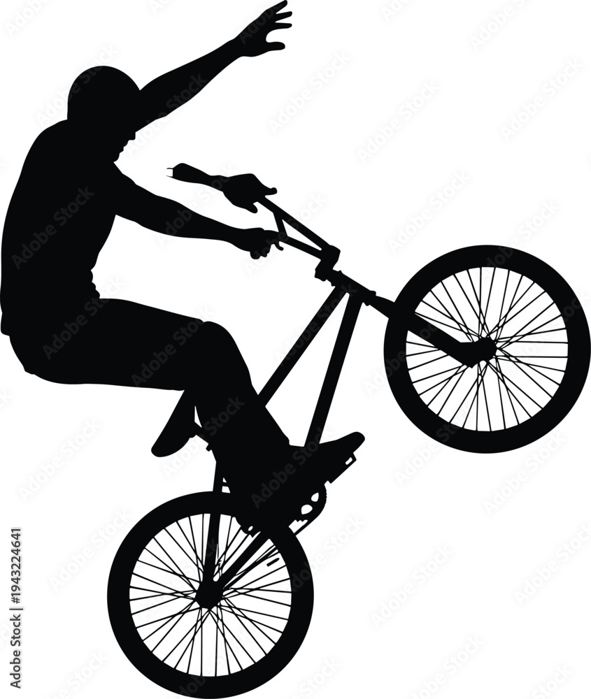 Fototapeta premium Silhouette of cyclist performing wheelie stunt on bicycle, dynamic freestyle BMX rider balancing bike trick, extreme sports action illustration for outdoor adventure design
