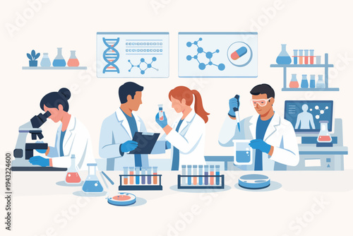 Vector illustration of a pharmaceutical research laboratory with scientists working to develop new drugs and gene therapies using microscopes, test tubes, and advanced biotechnology equipment.
