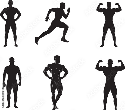 Black silhouette set of muscular male bodybuilders in various fitness poses, flexing running standing, gym workout athletes, vector illustration for sports fitness design