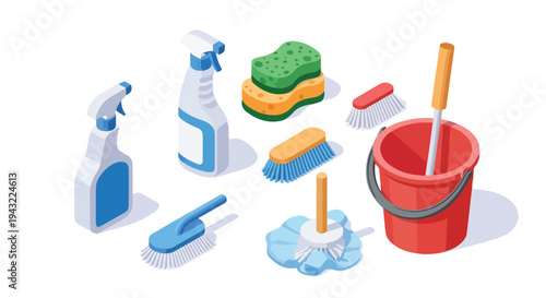 Flat lay of various colorful cleaning supplies on a white background, including a bucket and brushes.