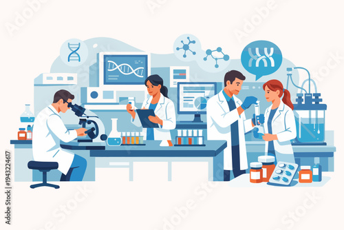 Vector illustration of a pharmaceutical research laboratory with scientists in white coats working on drug development, gene therapy, and medical research using microscopes, flasks, and data.