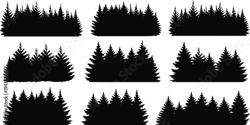Twelve black silhouette of dense forest trees on a white background