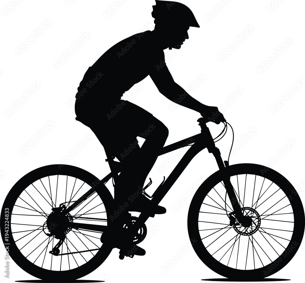 Fototapeta premium Silhouette of cyclist riding mountain bike with helmet, outdoor sports activity illustration showing fitness, adventure, recreation, transportation, exercise, and healthy lifestyle concept in dynamic