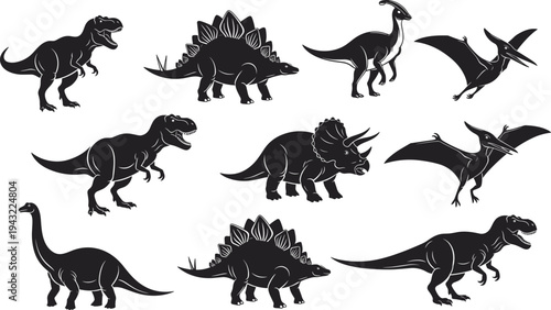 Dinosaur silhouette vector illustration, Tyrannosaurus rex, Stegosaurus, Triceratops, Brachiosaurus, 