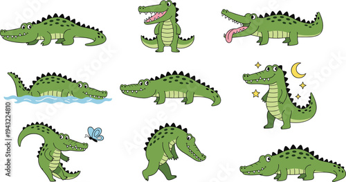 Cute crocodile characters collection funny alligator cartoon animals with different poses playful flat vector illustration set isolated