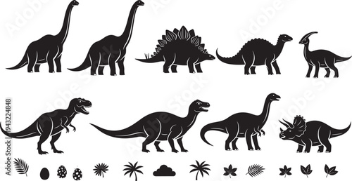 WebDinosaur silhouette vector illustration, prehistoric animals, eggs, palm trees, leaves, clouds, Tyrannosaurus rex, Triceratops, Stegosaurus, 