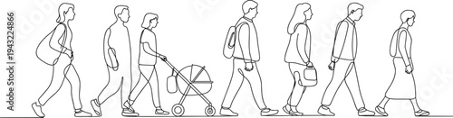 Line of seven people walking in different postures and carrying various line people woman