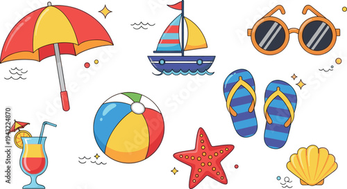 Summer beach vacation icons with umbrella sailboat sunglasses beach ball flip flops cocktail starfish vector illustration set