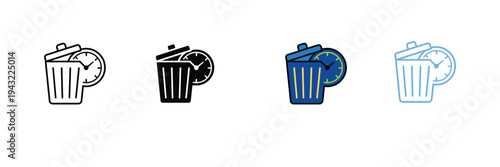 Trash Bin with Clock Icon for Scheduled Deletion, History, and Time Management. Symbol Vector Illustration.