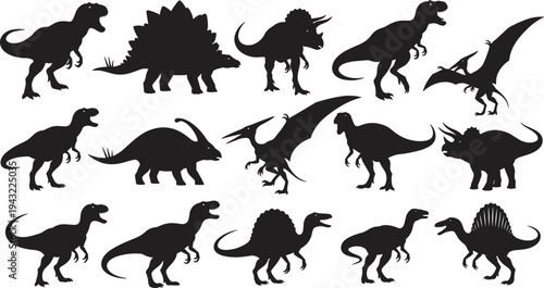 Dinosaur silhouettes set, prehistoric reptile collection, tyrannosaurus stegosaurus triceratops pterodactyl shapes, jurassic animals black icons isolated for vector illustration design pack