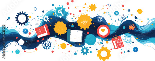 Liquid color background with interconnected gears and icons for education