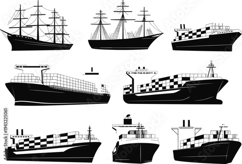 Various types of ships and boats including sailing ships and cargo vessels in black and white