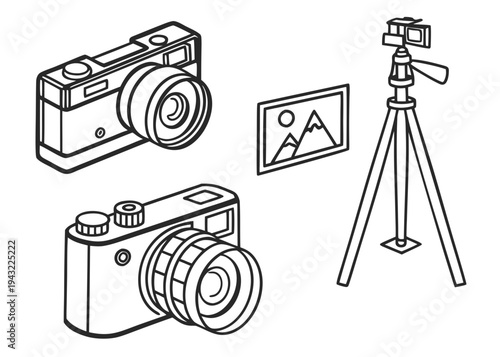 Photography icons: cameras, tripod, landscape picture - photo equipment and visuals vector set