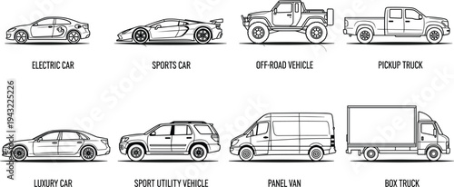 Car and truck outline icon set, electric car, sports car, SUV, pickup truck, panel van, box truck vehicle vector illustration