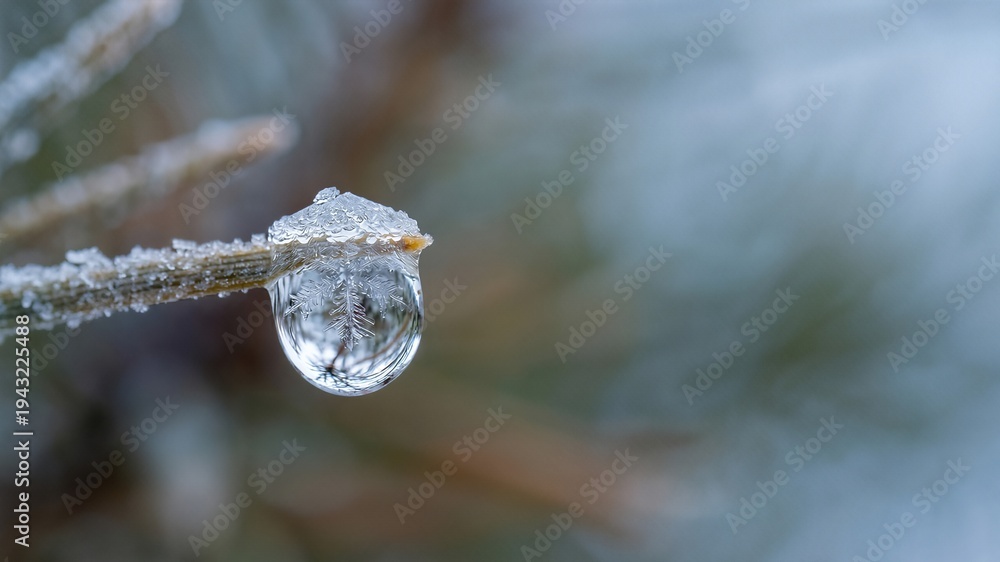 Fototapeta premium Crystal Clear Water Drop on Pine Needle Surrounded by Soft Focus Nature Background