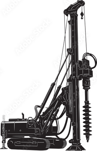 Heavy duty drilling rig vector illustration, crawler tracks, rotary auger machine, construction equipment, geotechnical engineering, foundation piling, soil sampling, industrial silhouette artwork
