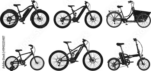 Electric bicycle collection silhouette set, e bike, cargo bike, folding bike, mountain bike and kids bicycle, eco urban transport vector illustration