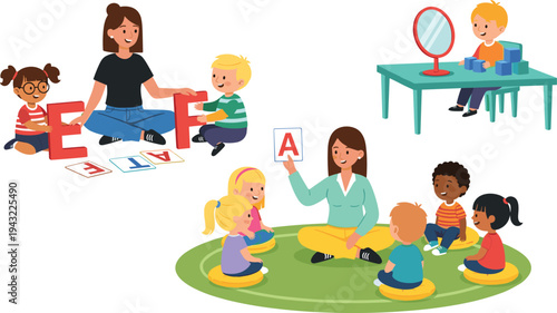 Kindergarten classroom activities with teacher and children learning alphabet playing educational games cartoon flat vector illustration set