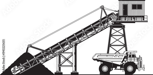 Industrial conveyor belt vector illustration, dump truck loading materials, mining and construction equipment, bulk material transport, operator cabin, logistics, heavy machinery, black and white 