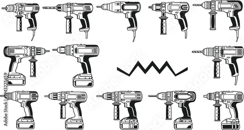 Electric drill collection vector illustration, cordless and corded power drill set, construction tool icons, handyman equipment, DIY repair tools isolated on background