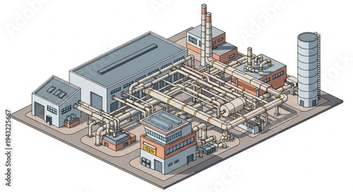 Industrial Factory Complex with Pipes and Buildings.