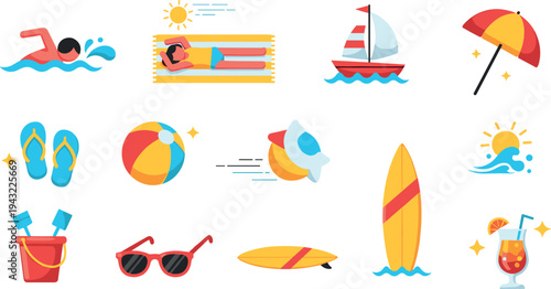 Summer beach vacation icons with swimming surfboard sailboat umbrella flip flops cocktail and beach ball vector illustration set