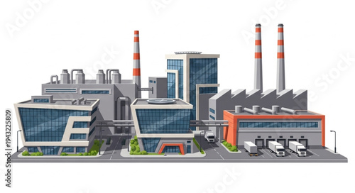 Industrial Factory Complex with Smokestacks.