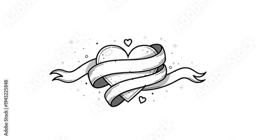 Heart wrapped in flowing ribbon with small hearts symbolizing love and affection in a minimalist illustration