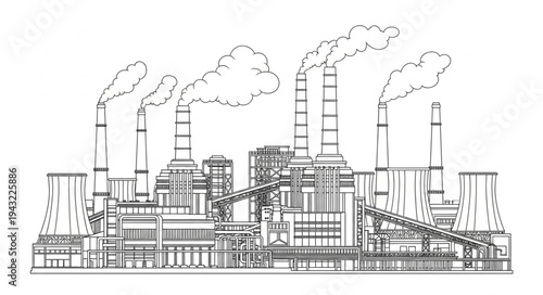 Industrial Factory Complex with Smokestacks.