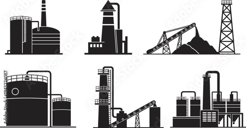 Industrial buildings silhouette vector illustration with refinery, storage tanks, mining site, oil derrick, chemical plant, conveyor belts, heavy industry, 