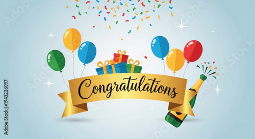 Vibrant congratulations banner with balloons gifts and confetti on light blue background for celebrations