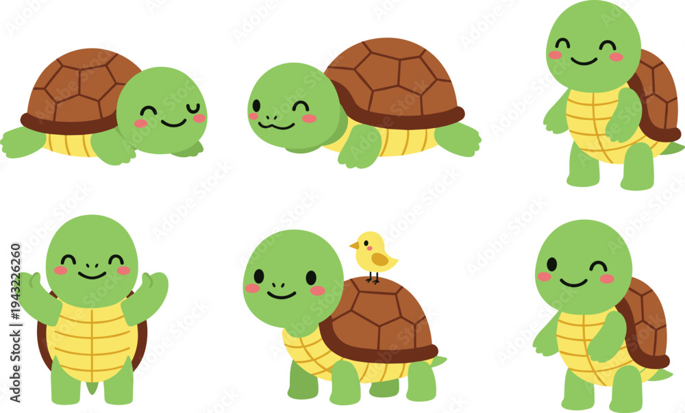 Obraz premium Cute turtle characters collection smiling cartoon tortoise animals with different poses adorable flat vector illustration set isolated