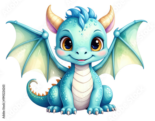 Cute baby dragon cartoon character with big eyes, small horns and wide wings in playful pose