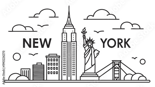 Vector illustration of new york city skyline outline vector illustration with iconic landmarks