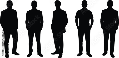 WebBusiness silhouettes standing in row, professional attire, suits, corporate identity, human figures, posture variation, group unity, social representation, illustration