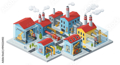 Industrial Factory Complex with Smokestacks and Pipes.