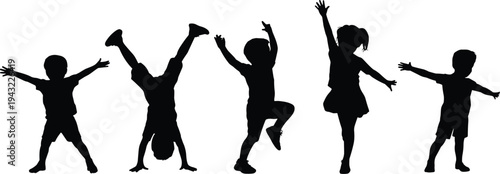 WebChildren silhouettes playing, jumping, dancing, handstand, twirling, joyful poses, active kids, childhood freedom, happiness, fun activity, white background illustration