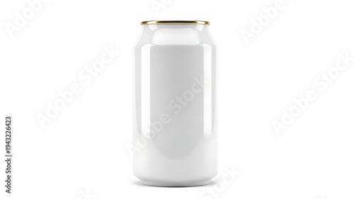 A white can with a gold lid on a plain background
