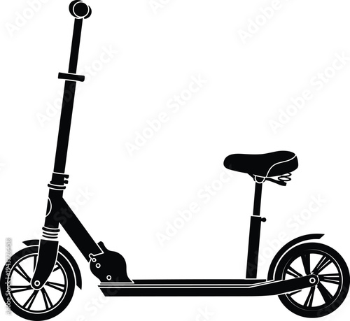 Electric kick scooter silhouette, urban personal mobility vehicle icon, modern eco transport device with seat, black scooter vector illustration
